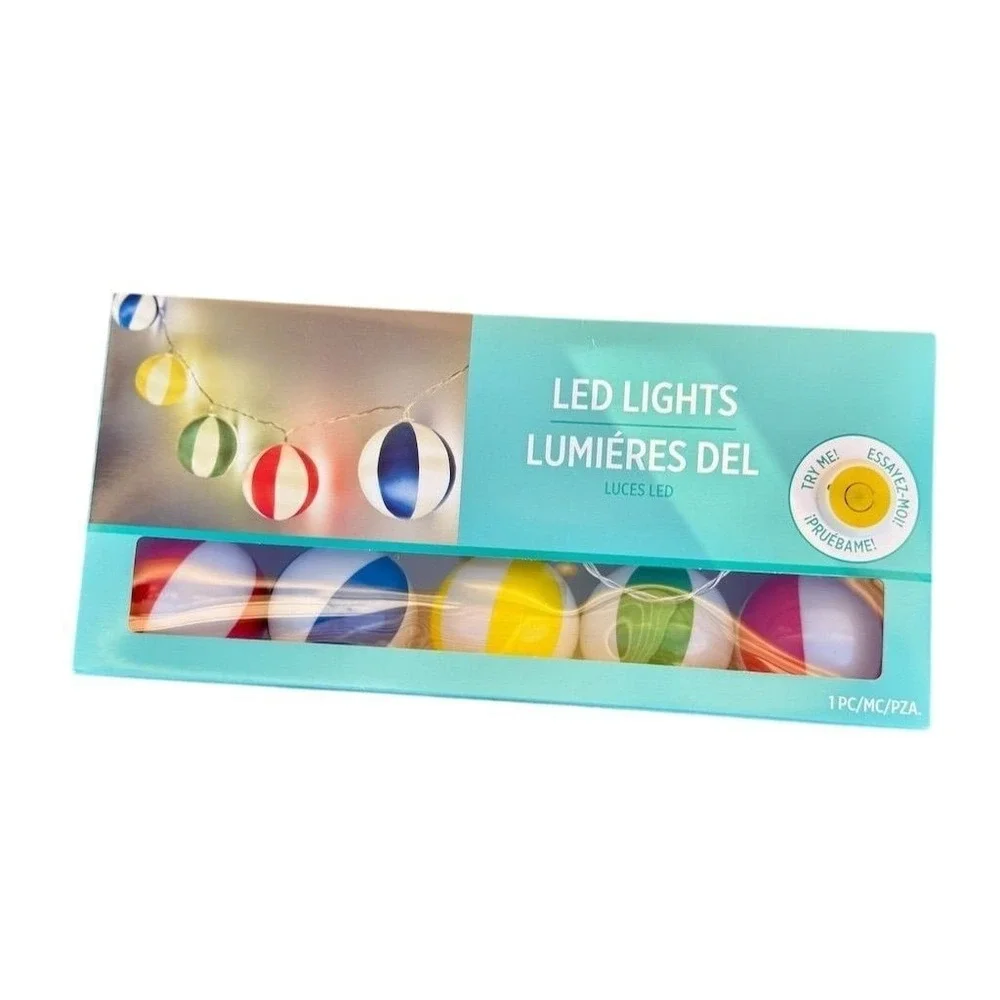 Pool‎ house LED Beach Ball String Lights 10ct Indoor Outdoor summer decor NIB